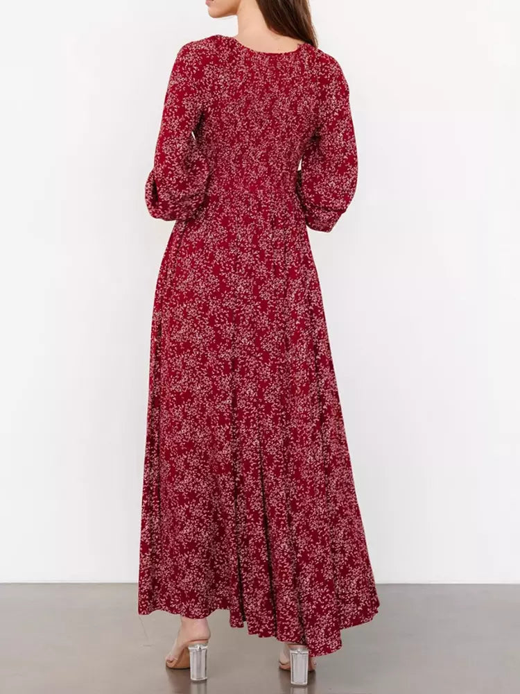 Elegant V-neck Boho Bishop Sleeve Floral Maxi Dress