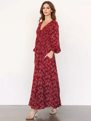 Elegant V-neck Boho Bishop Sleeve Floral Maxi Dress