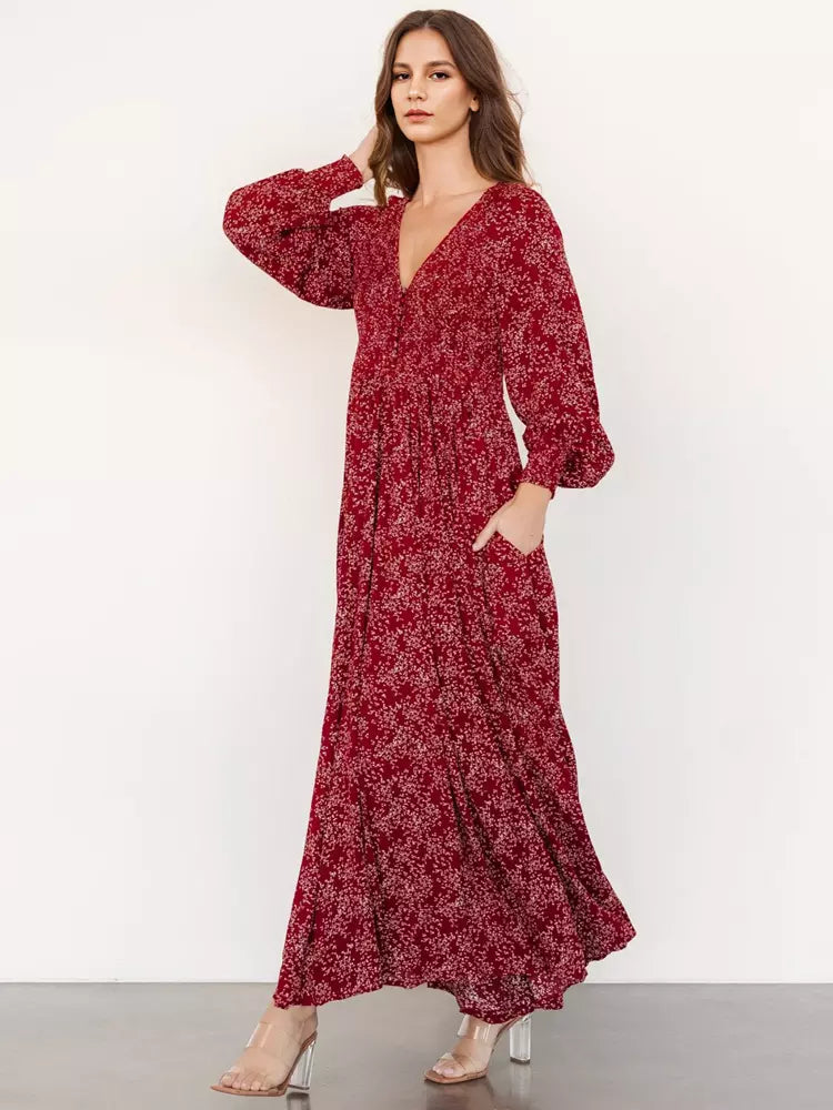Elegant V-neck Boho Bishop Sleeve Floral Maxi Dress