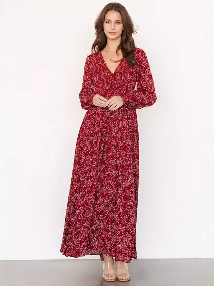 Elegant V-neck Boho Bishop Sleeve Floral Maxi Dress
