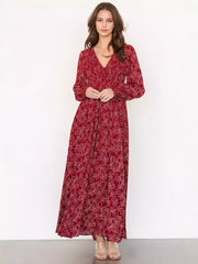 Elegant V-neck Boho Bishop Sleeve Floral Maxi Dress