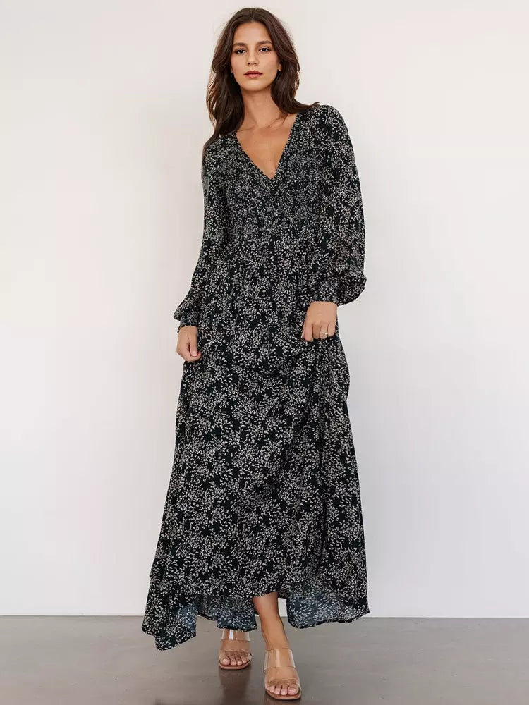 Elegant V-neck Boho Bishop Sleeve Floral Maxi Dress