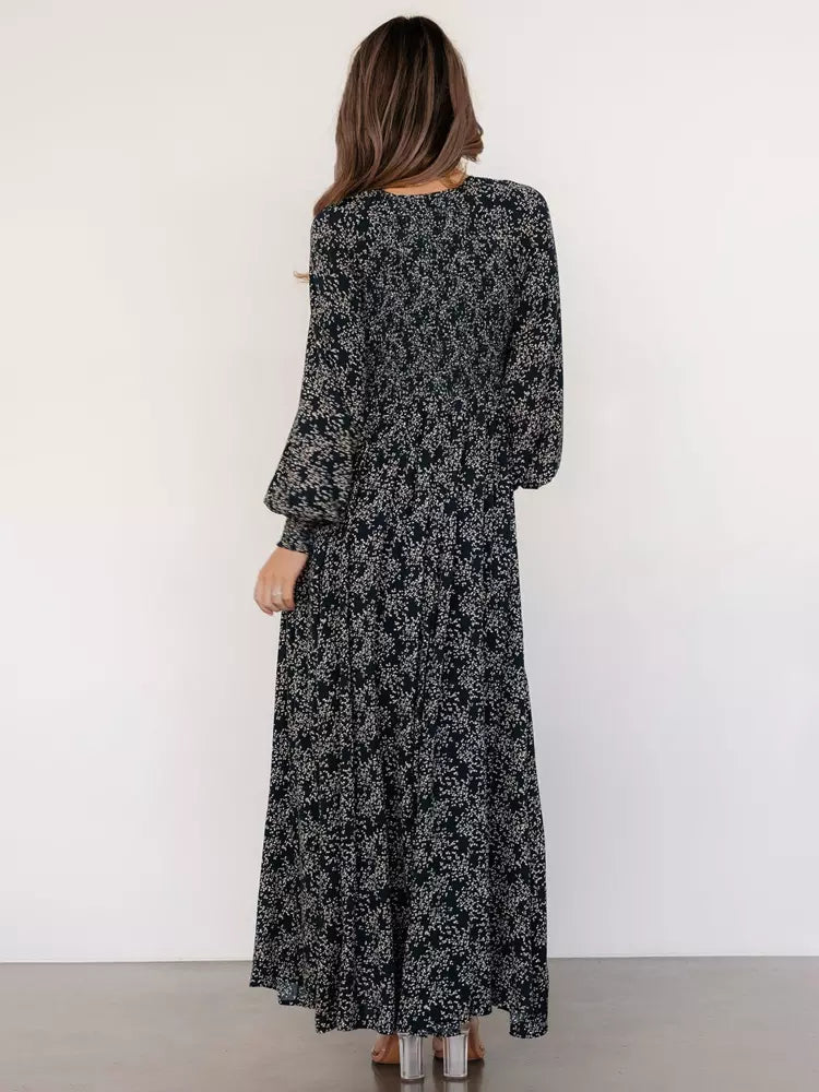 Elegant V-neck Boho Bishop Sleeve Floral Maxi Dress