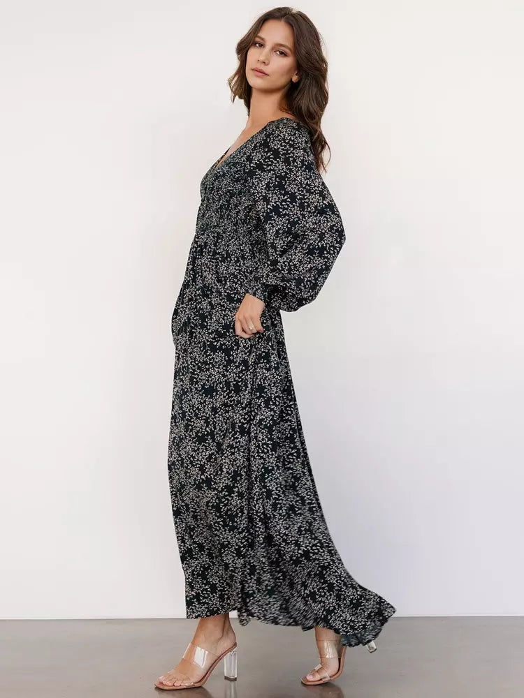 Elegant V-neck Boho Bishop Sleeve Floral Maxi Dress