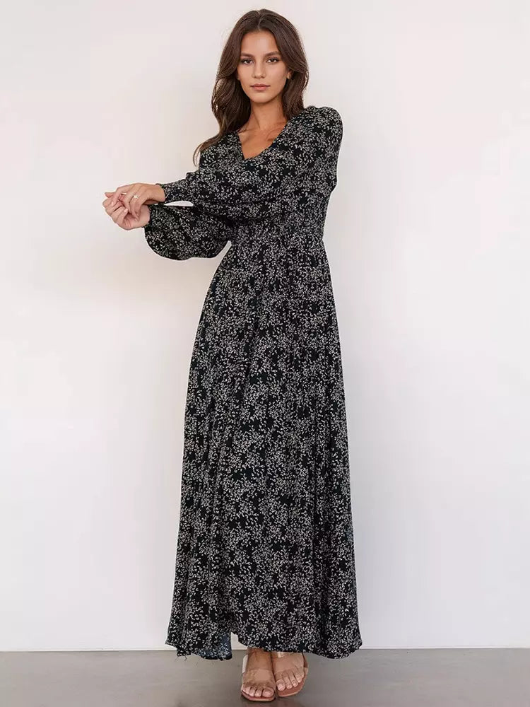 Elegant V-neck Boho Bishop Sleeve Floral Maxi Dress