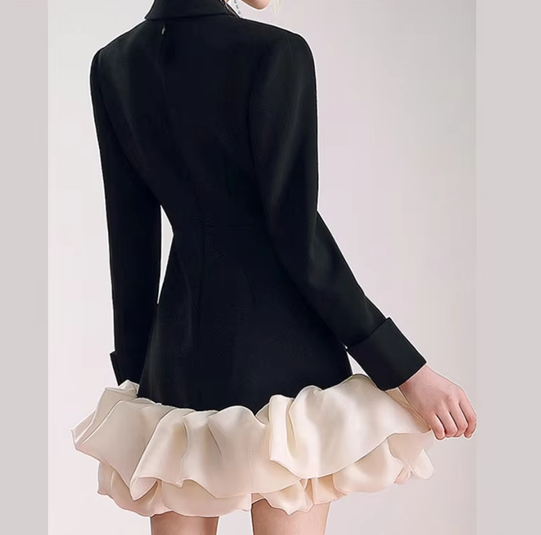 Elegant V-neck Chic Button Long Sleeve Pleated High Street Office Casual Mini Dresses