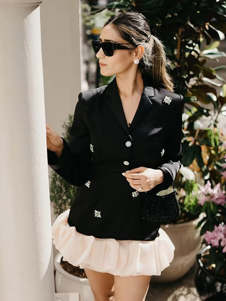 Elegant V-neck Chic Button Long Sleeve Pleated High Street Office Casual Mini Dresses