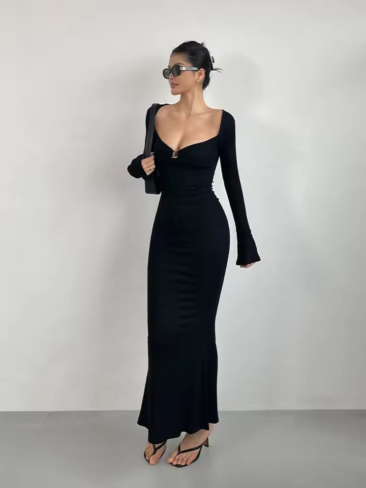 Elegant V-neck Flare Sleeves High Waist Slim Split Fish Tail Wrap Hip Long Dress