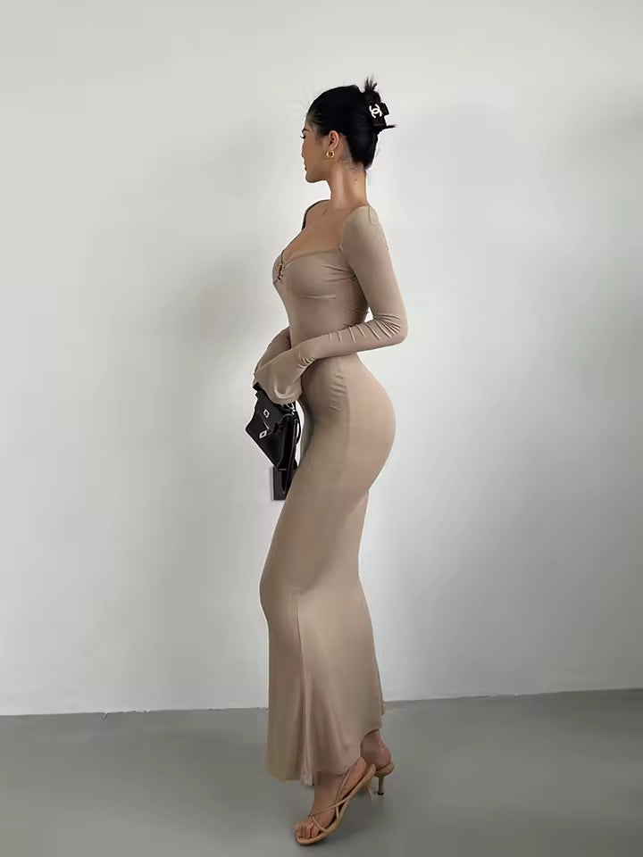 Elegant V-neck Flare Sleeves High Waist Slim Split Fish Tail Wrap Hip Long Dress