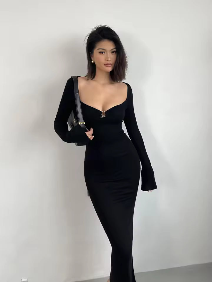Elegant V-neck Flare Sleeves High Waist Slim Split Fish Tail Wrap Hip Long Dress