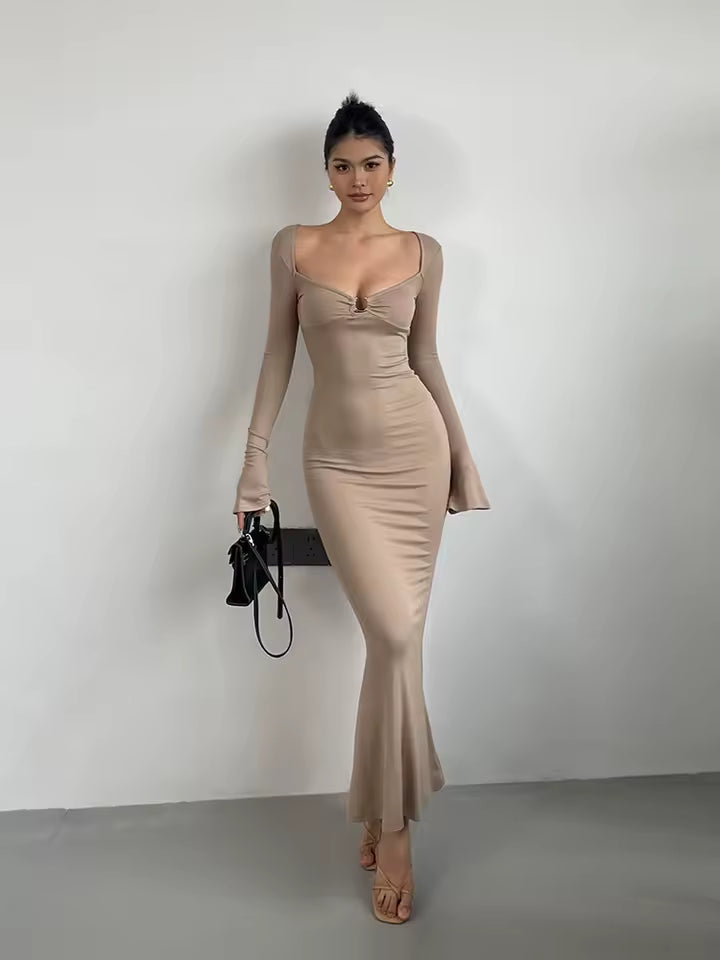 Elegant V-neck Flare Sleeves High Waist Slim Split Fish Tail Wrap Hip Long Dress