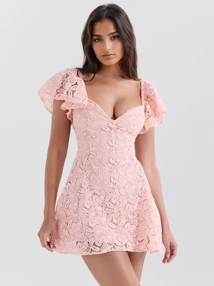Elegant V-neck Flutter Backless Sleeve Lace A-Line Mini Dress