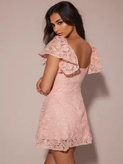 Elegant V-neck Flutter Backless Sleeve Lace A-Line Mini Dress