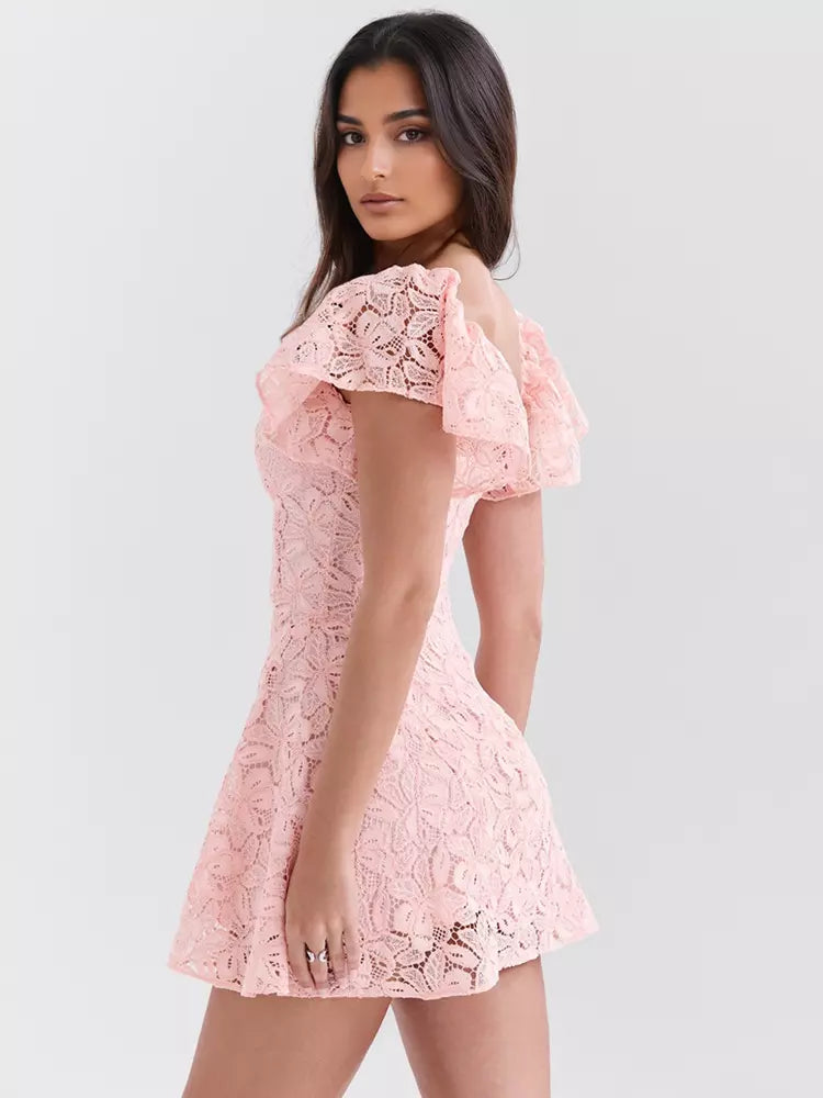 Elegant V-neck Flutter Backless Sleeve Lace A-Line Mini Dress