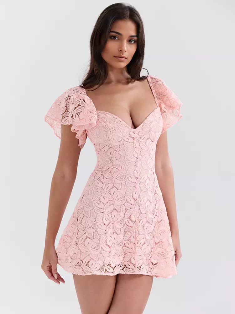 Elegant V-neck Flutter Backless Sleeve Lace A-Line Mini Dress