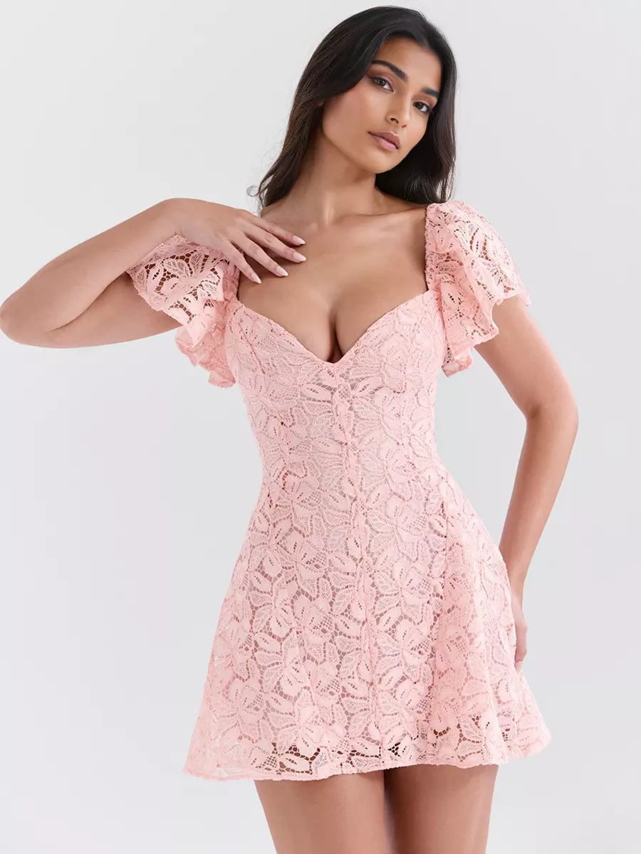 Elegant V-neck Flutter Backless Sleeve Lace A-Line Mini Dress