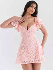 Elegant V-neck Flutter Backless Sleeve Lace A-Line Mini Dress