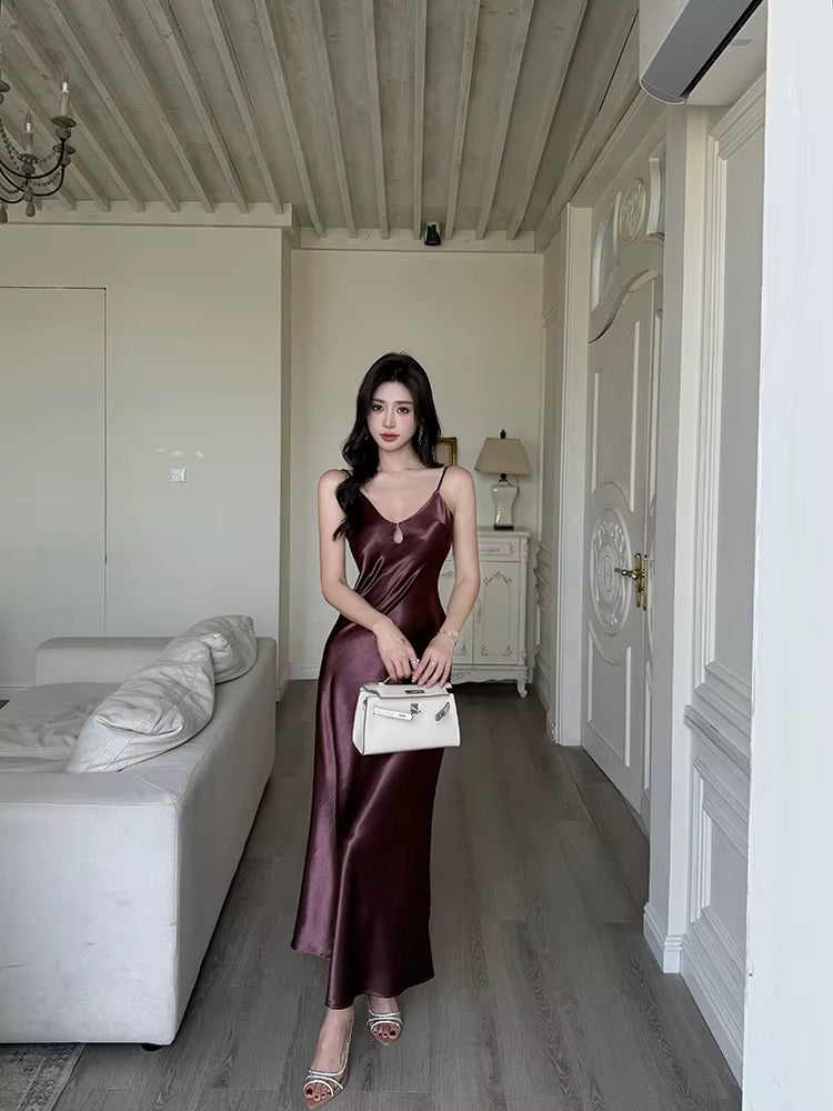 Elegant V-neck Hollow Out Spaghetti Strap A-line Chic Party Long Maxi Dresses