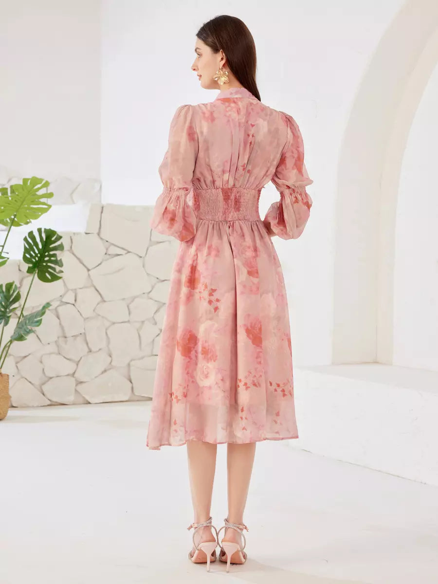 Elegant V-neck Lantern Sleeves A-line Floral Dress Midi Dress