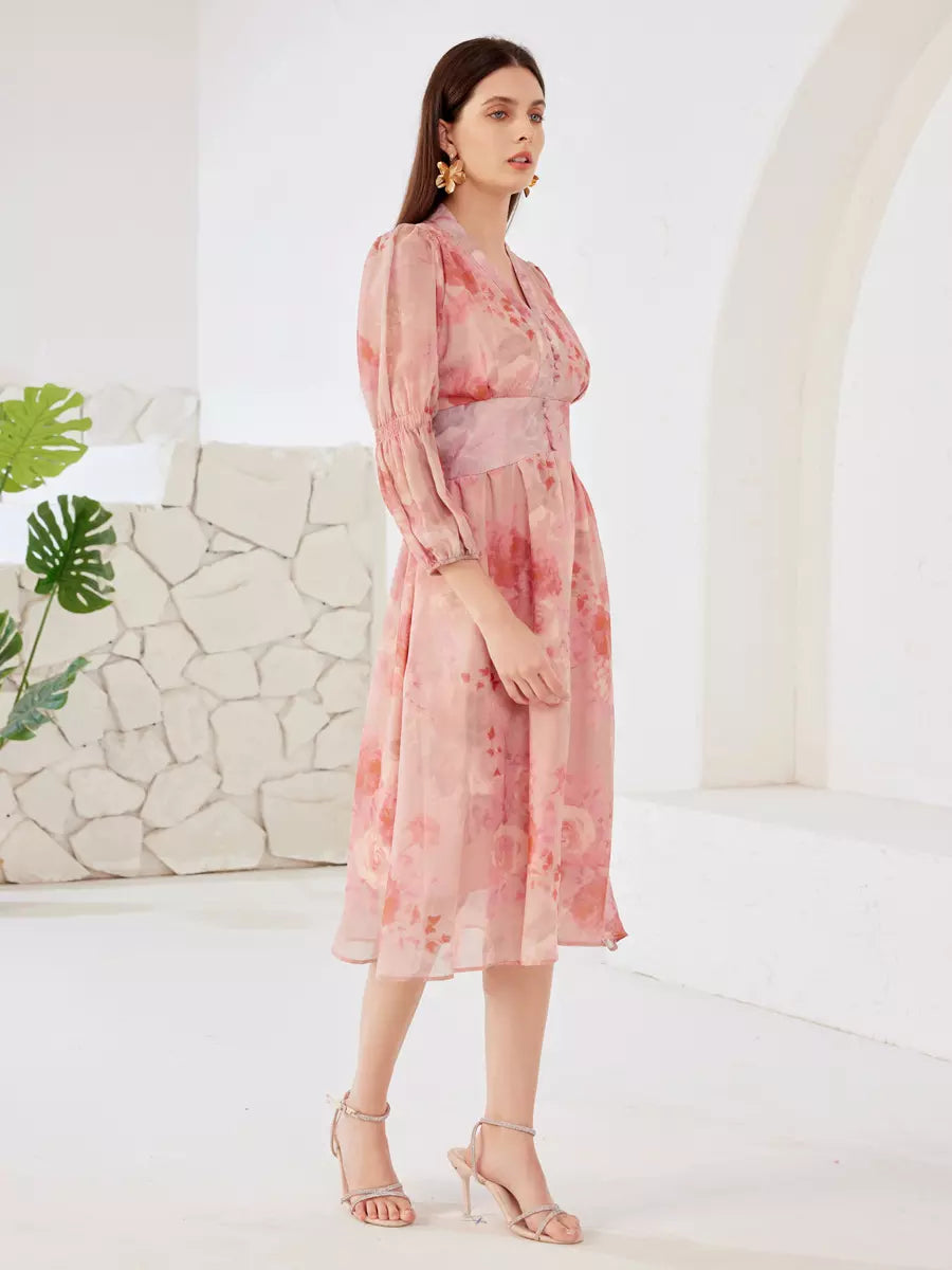 Elegant V-neck Lantern Sleeves A-line Floral Dress Midi Dress