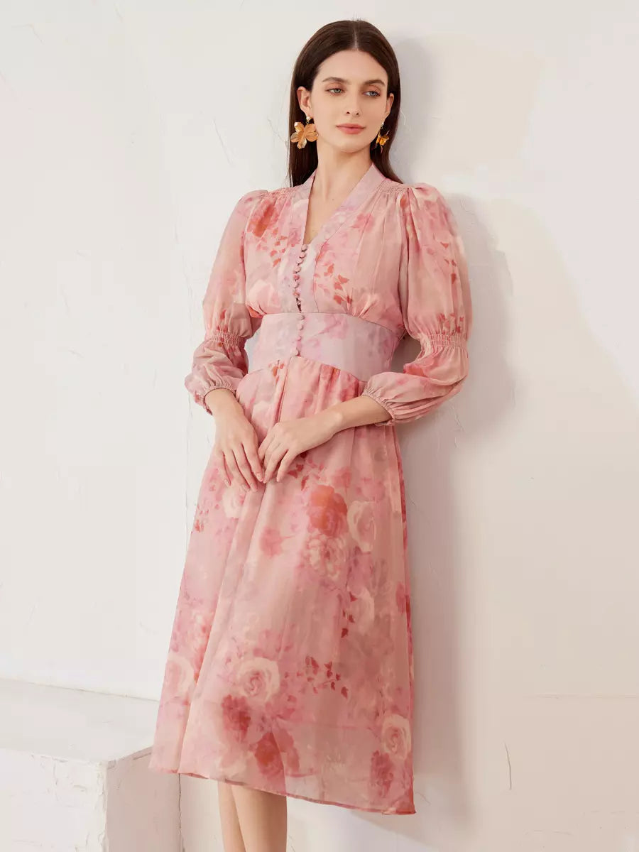 Elegant V-neck Lantern Sleeves A-line Floral Dress Midi Dress