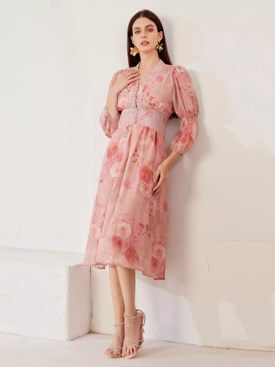 Elegant V-neck Lantern Sleeves A-line Floral Dress Midi Dress
