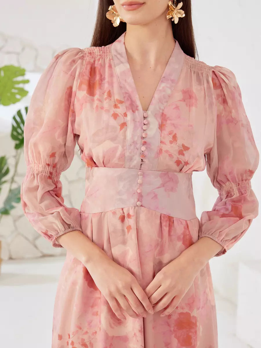Elegant V-neck Lantern Sleeves A-line Floral Dress Midi Dress