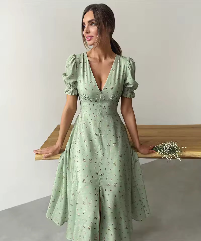 Elegant V-neck Lantern Sleeves Double Buttons Short Sleeves Party Dresses