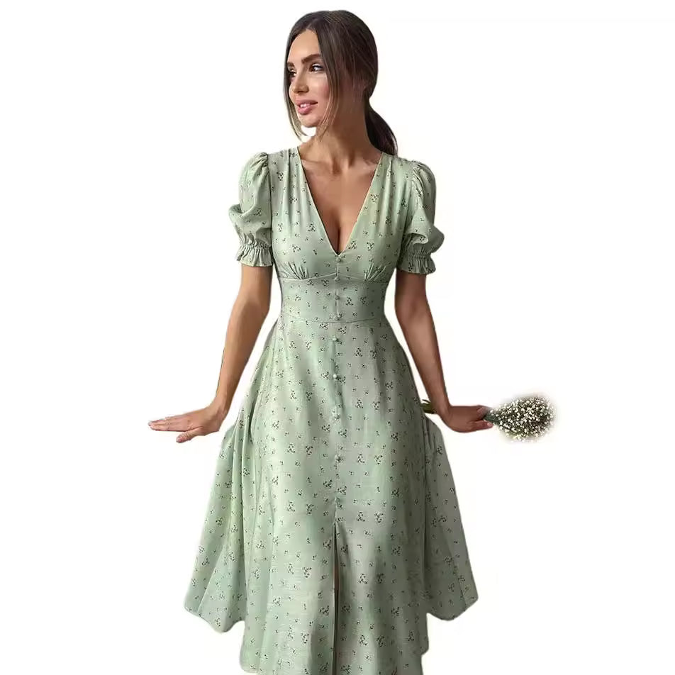 Elegant V-neck Lantern Sleeves Double Buttons Short Sleeves Party Dresses