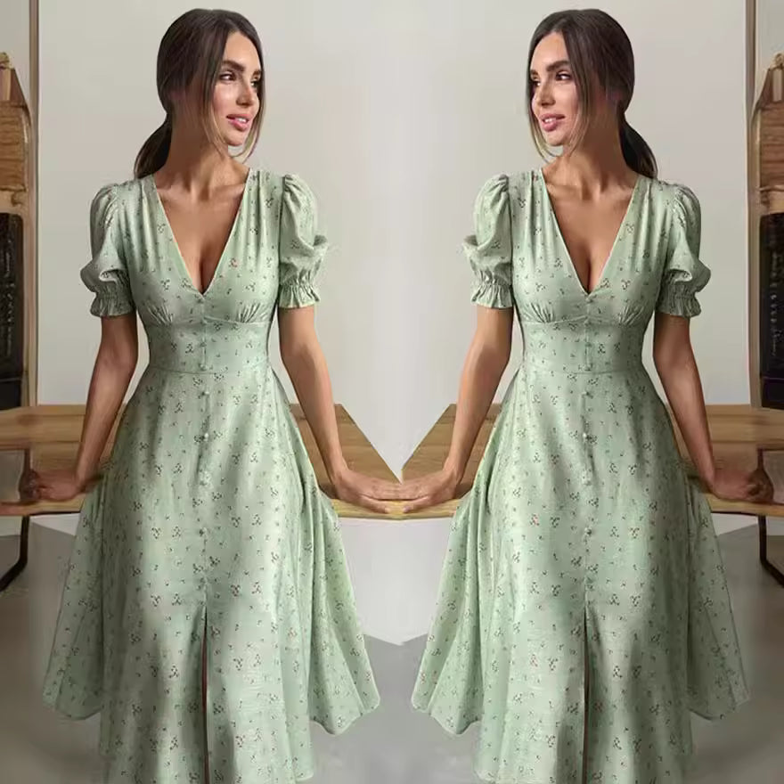 Elegant V-neck Lantern Sleeves Double Buttons Short Sleeves Party Dresses
