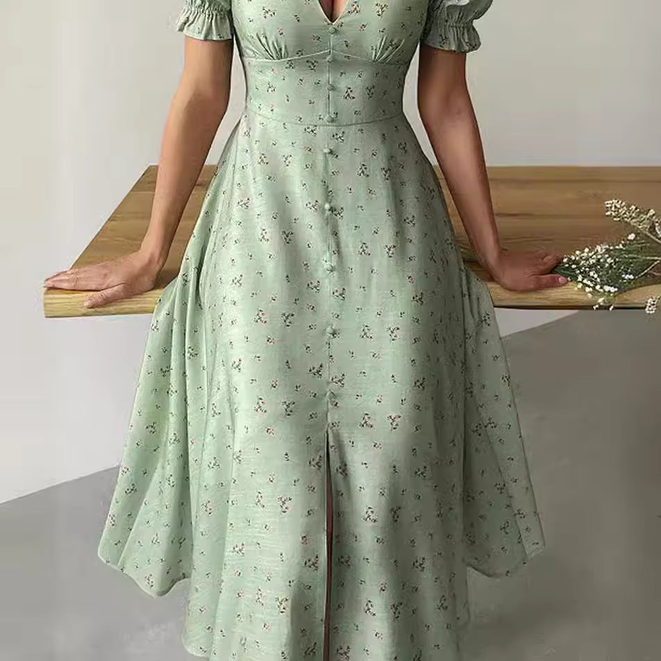Elegant V-neck Lantern Sleeves Double Buttons Short Sleeves Party Dresses