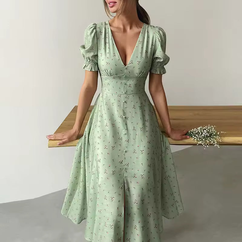 Elegant V-neck Lantern Sleeves Double Buttons Short Sleeves Party Dresses