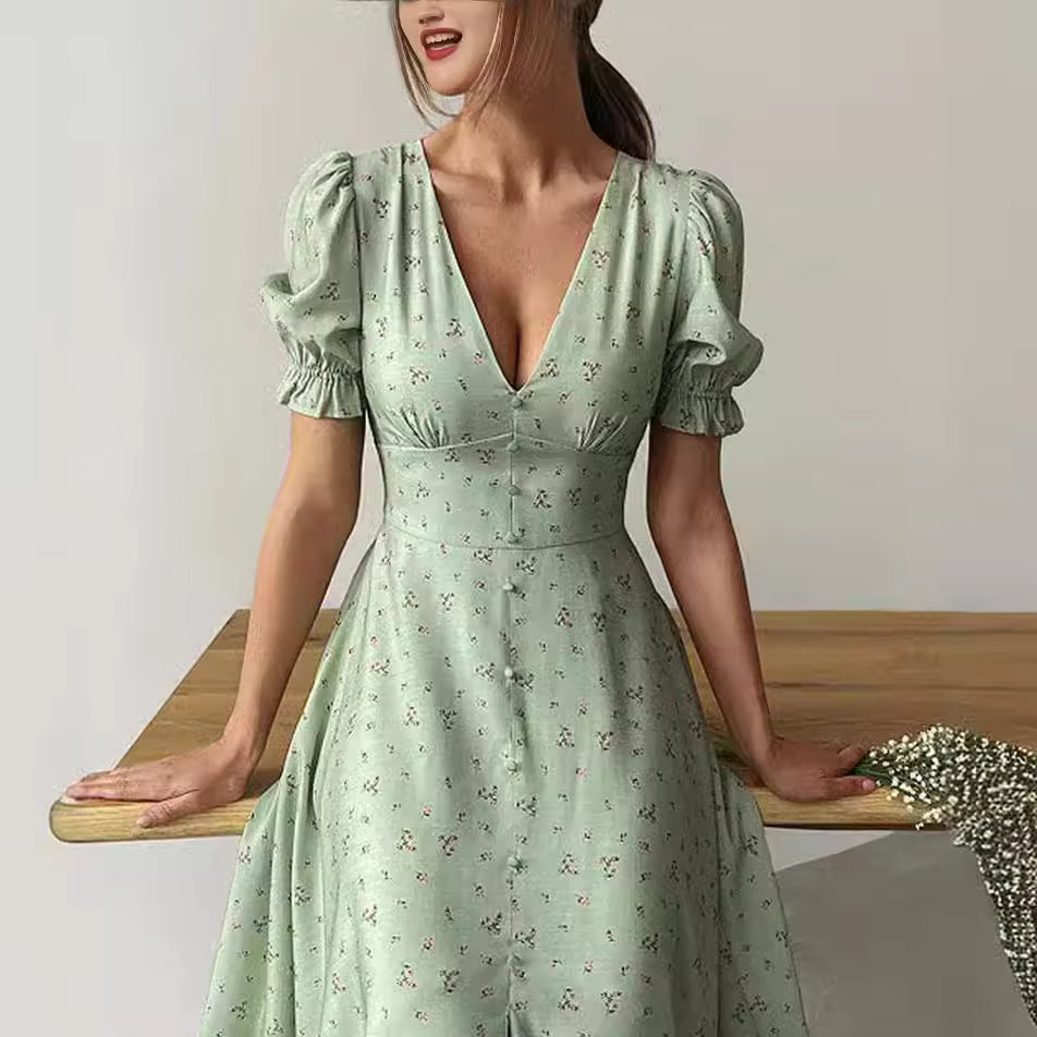 Elegant V-neck Lantern Sleeves Double Buttons Short Sleeves Party Dresses
