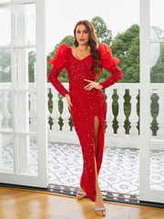 Elegant V-neck Long Sleeve Split Sequin Party Maxi Dress