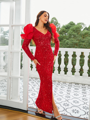 Elegant V-neck Long Sleeve Split Sequin Party Maxi Dress
