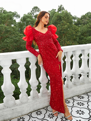 Elegant V-neck Long Sleeve Split Sequin Party Maxi Dress