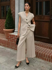 Elegant V-neck Polyester Vest And Wide Sleeveless Two-Piece Suit