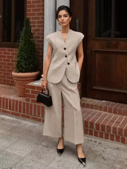 Elegant V-neck Polyester Vest And Wide Sleeveless Two-Piece Suit