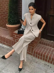 Elegant V-neck Polyester Vest And Wide Sleeveless Two-Piece Suit