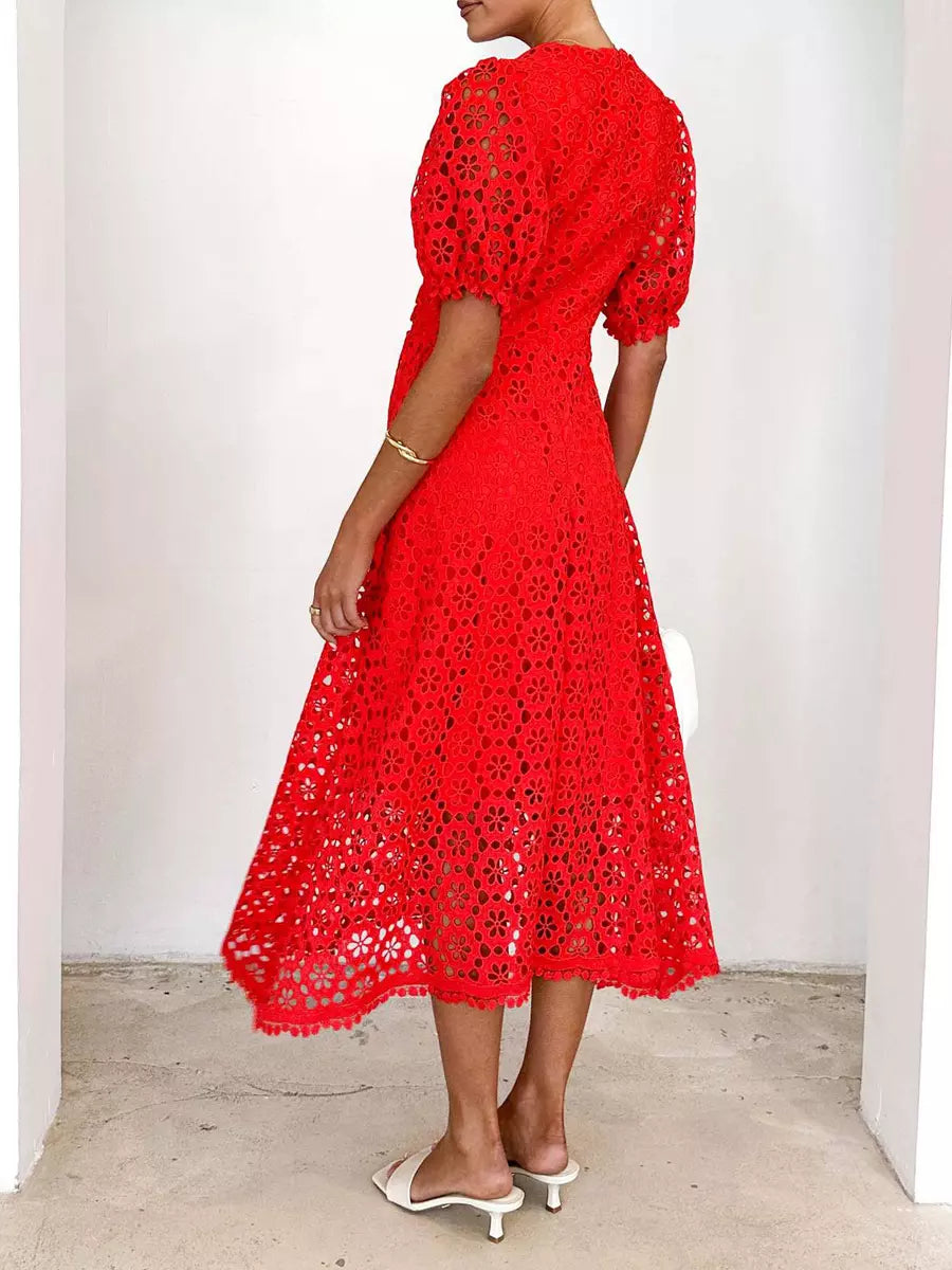 Elegant V-neck Puff Sleeve Solid Color A-line Lace Midi Dress