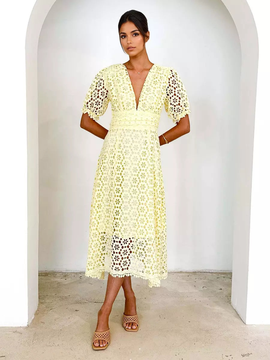 Elegant V-neck Puff Sleeve Solid Color A-line Lace Midi Dress