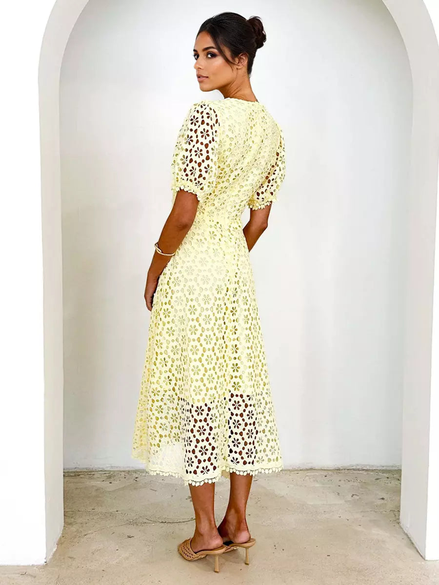 Elegant V-neck Puff Sleeve Solid Color A-line Lace Midi Dress
