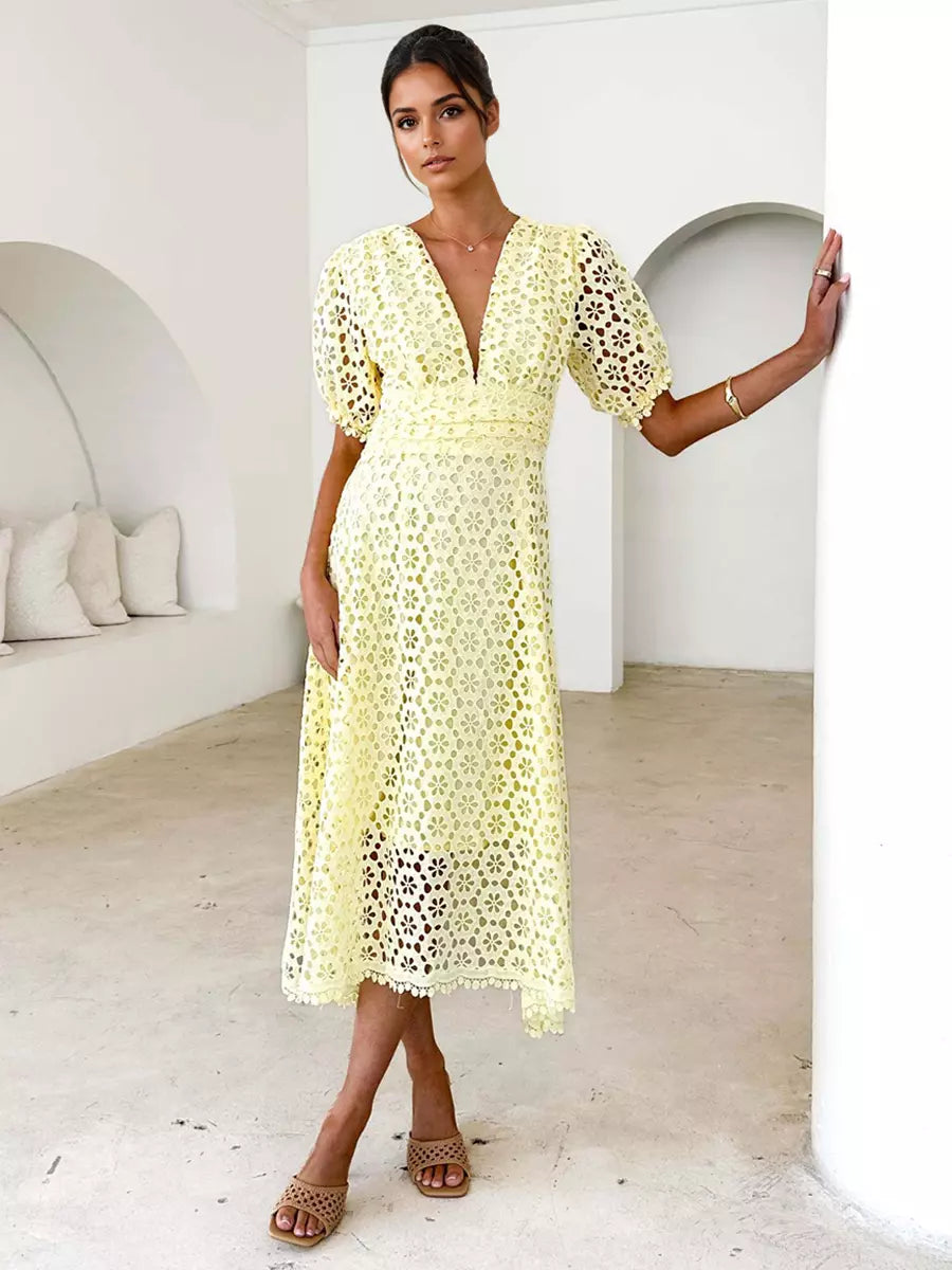 Elegant V-neck Puff Sleeve Solid Color A-line Lace Midi Dress