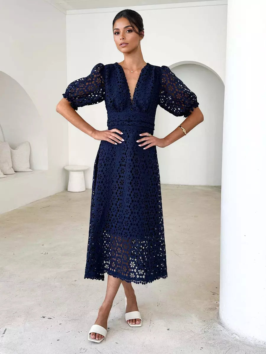Elegant V-neck Puff Sleeve Solid Color A-line Lace Midi Dress