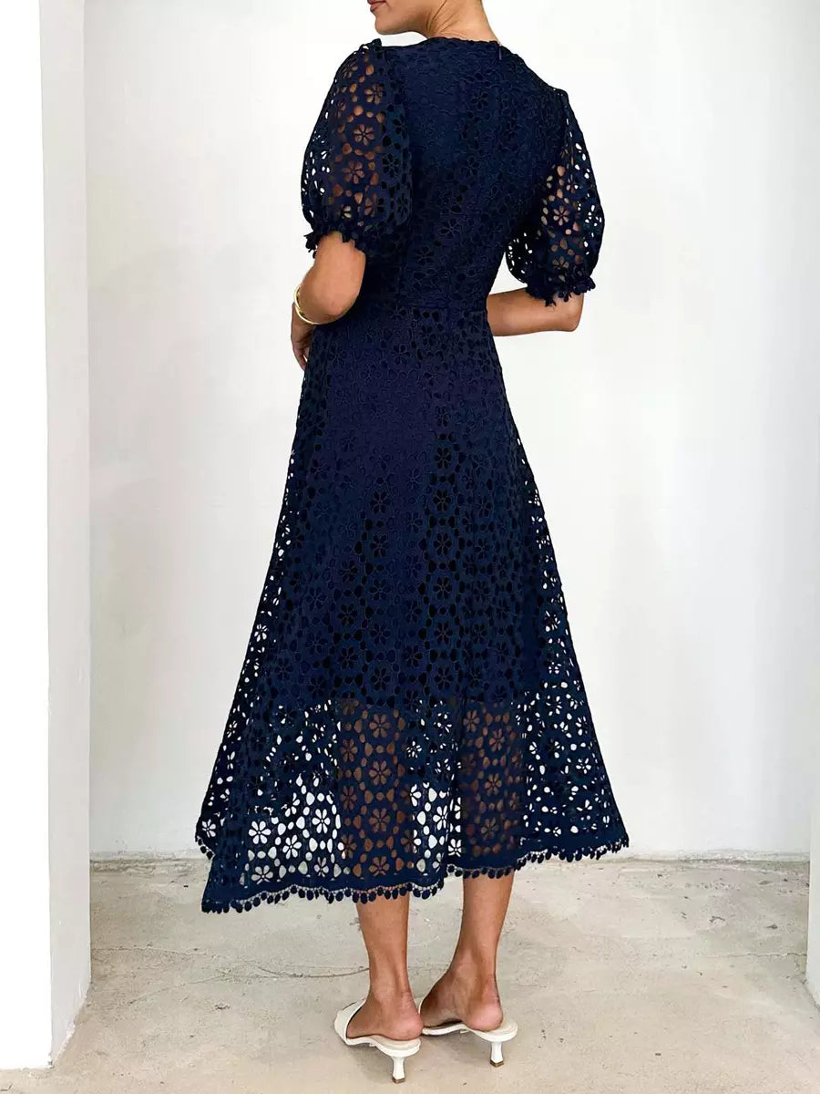 Elegant V-neck Puff Sleeve Solid Color A-line Lace Midi Dress