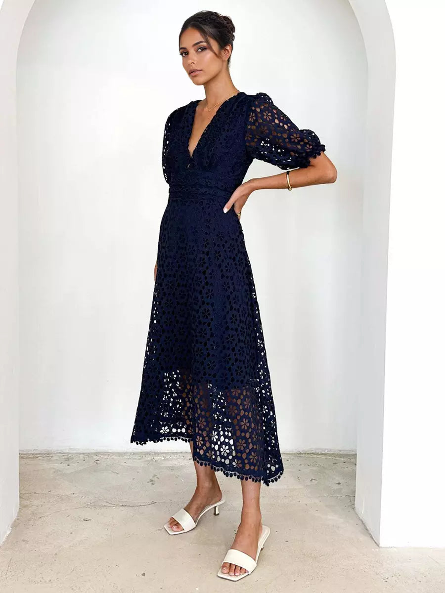 Elegant V-neck Puff Sleeve Solid Color A-line Lace Midi Dress