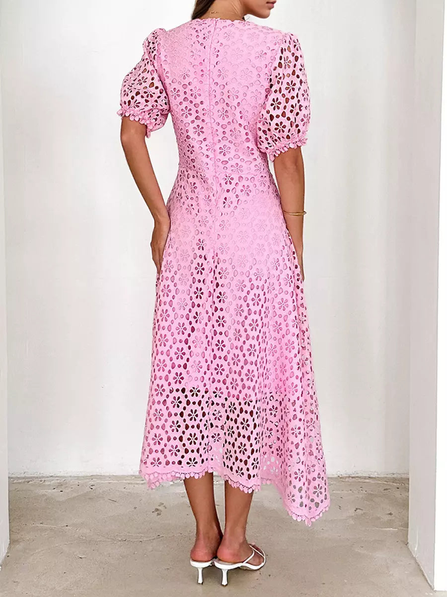 Elegant V-neck Puff Sleeve Solid Color A-line Lace Midi Dress