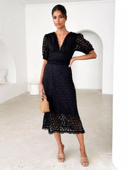 Elegant V-neck Puff Sleeve Solid Color A-line Lace Midi Dress