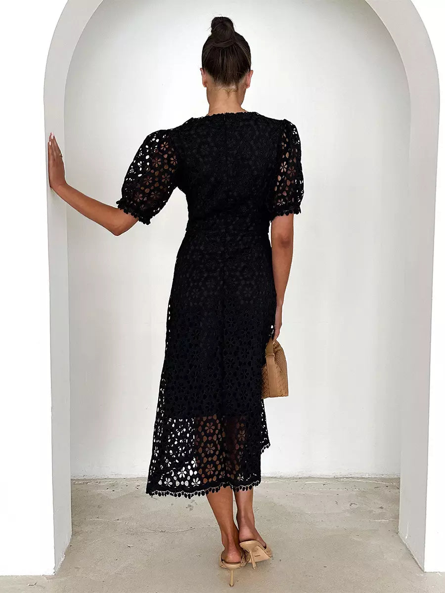 Elegant V-neck Puff Sleeve Solid Color A-line Lace Midi Dress