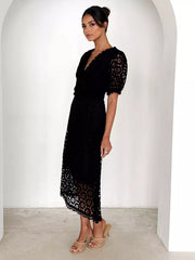 Elegant V-neck Puff Sleeve Solid Color A-line Lace Midi Dress